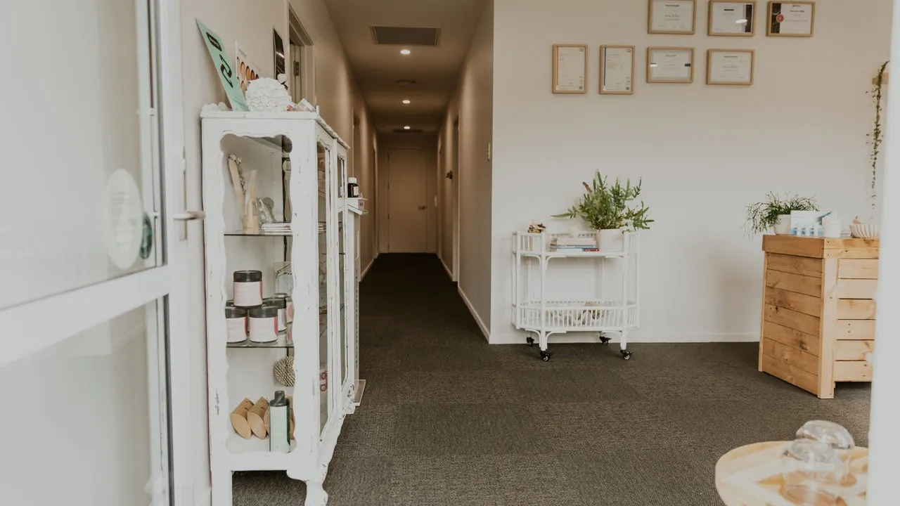 The hallway and product display at Beau Skin Clinic, Otorohanga